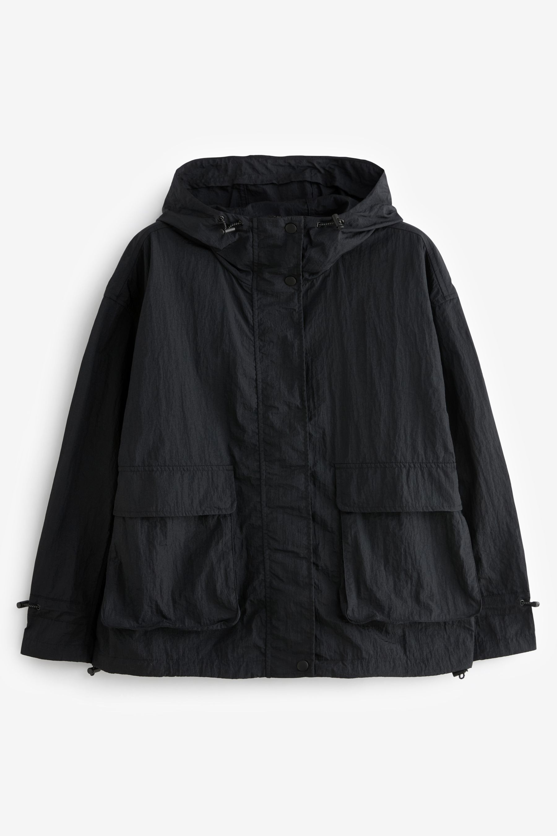 Black hooded rain jacket clearance