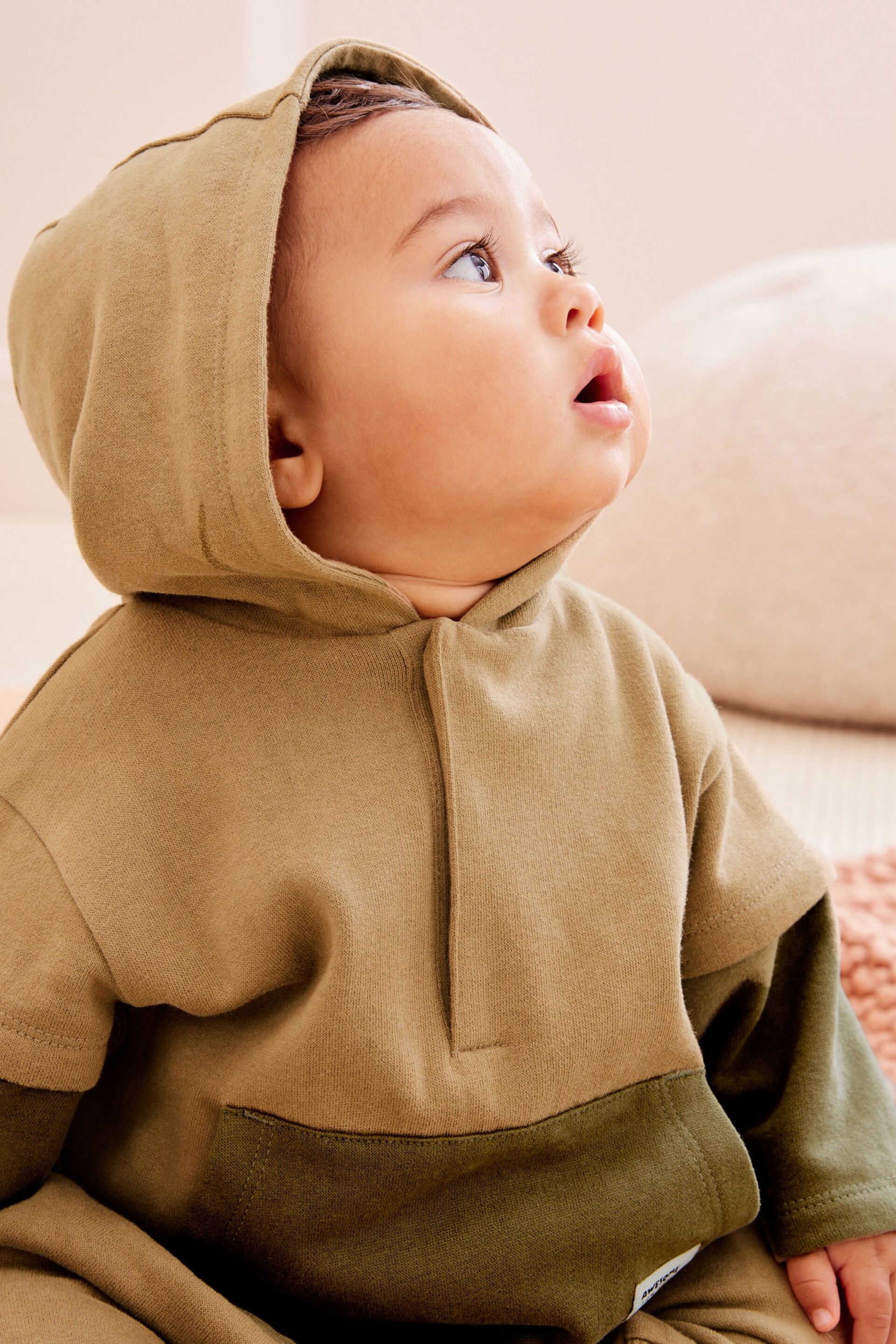 Khaki Green Cosy Sweat Jersey Baby Hooded Romper - Image 3 of 12
