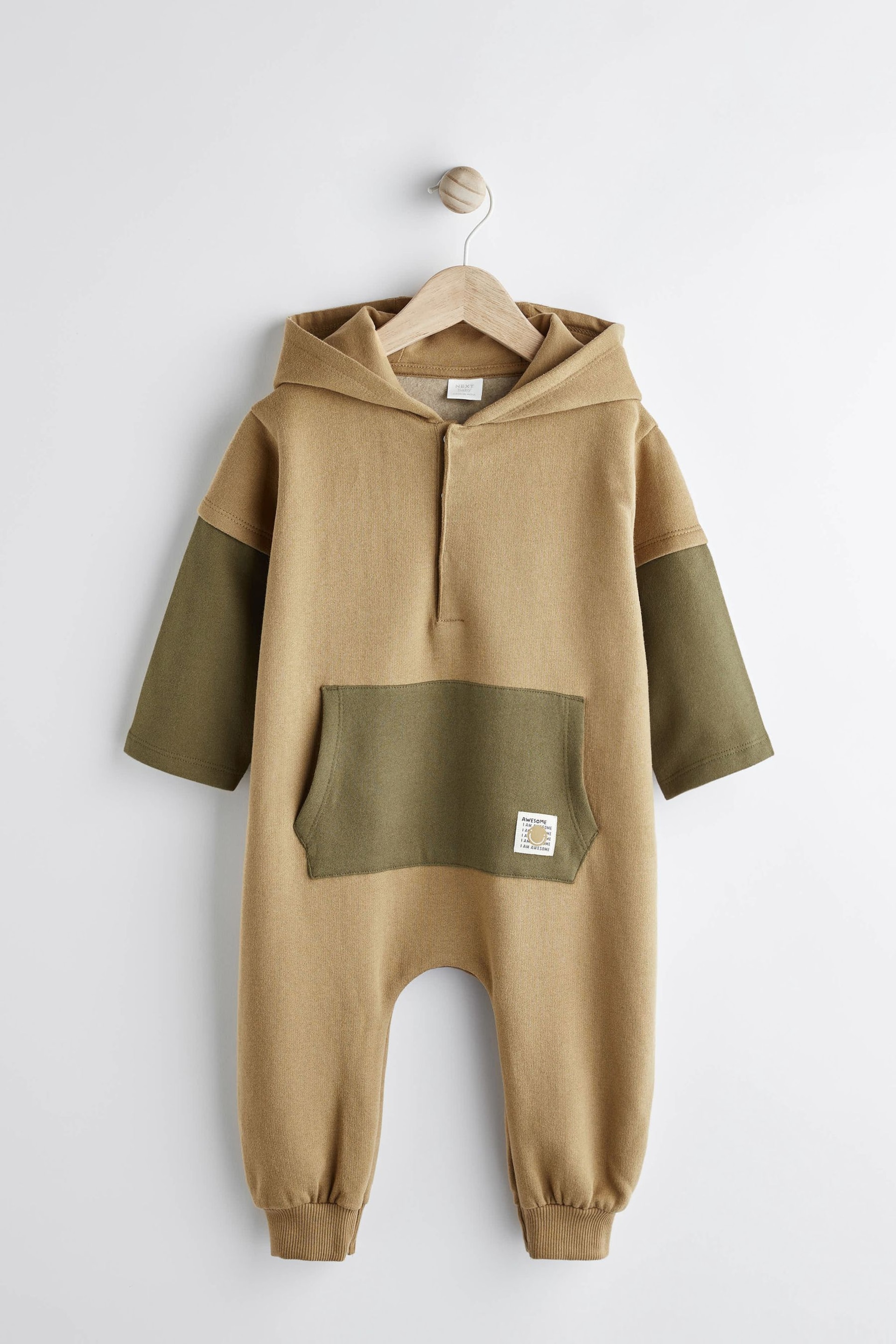 Khaki Green Cosy Sweat Jersey Baby Hooded Romper - Image 5 of 12