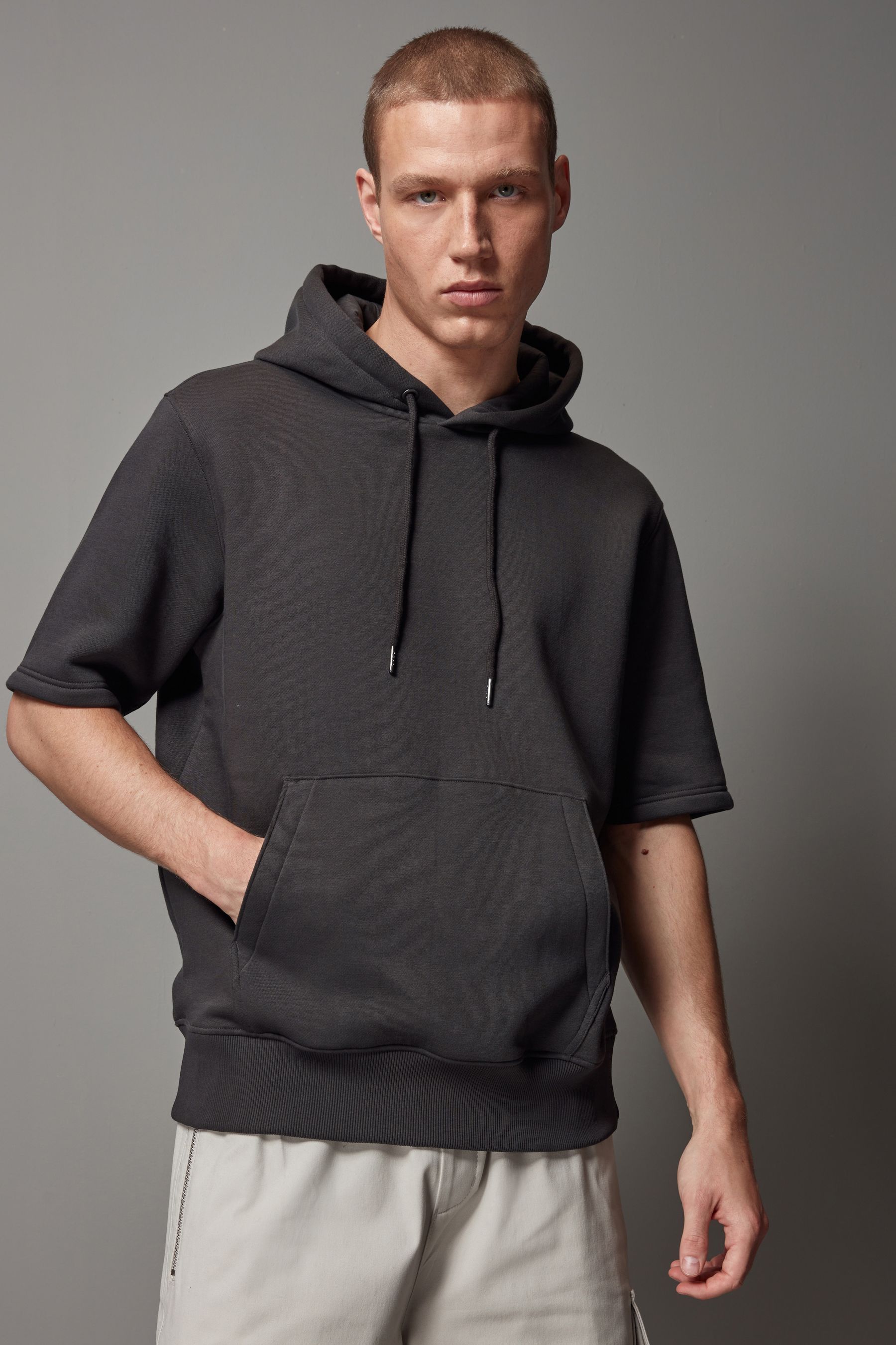 Buy Dark Grey Jersey Cotton Rich Heavyweight Short Sleeve Hoodie from Next Luxembourg