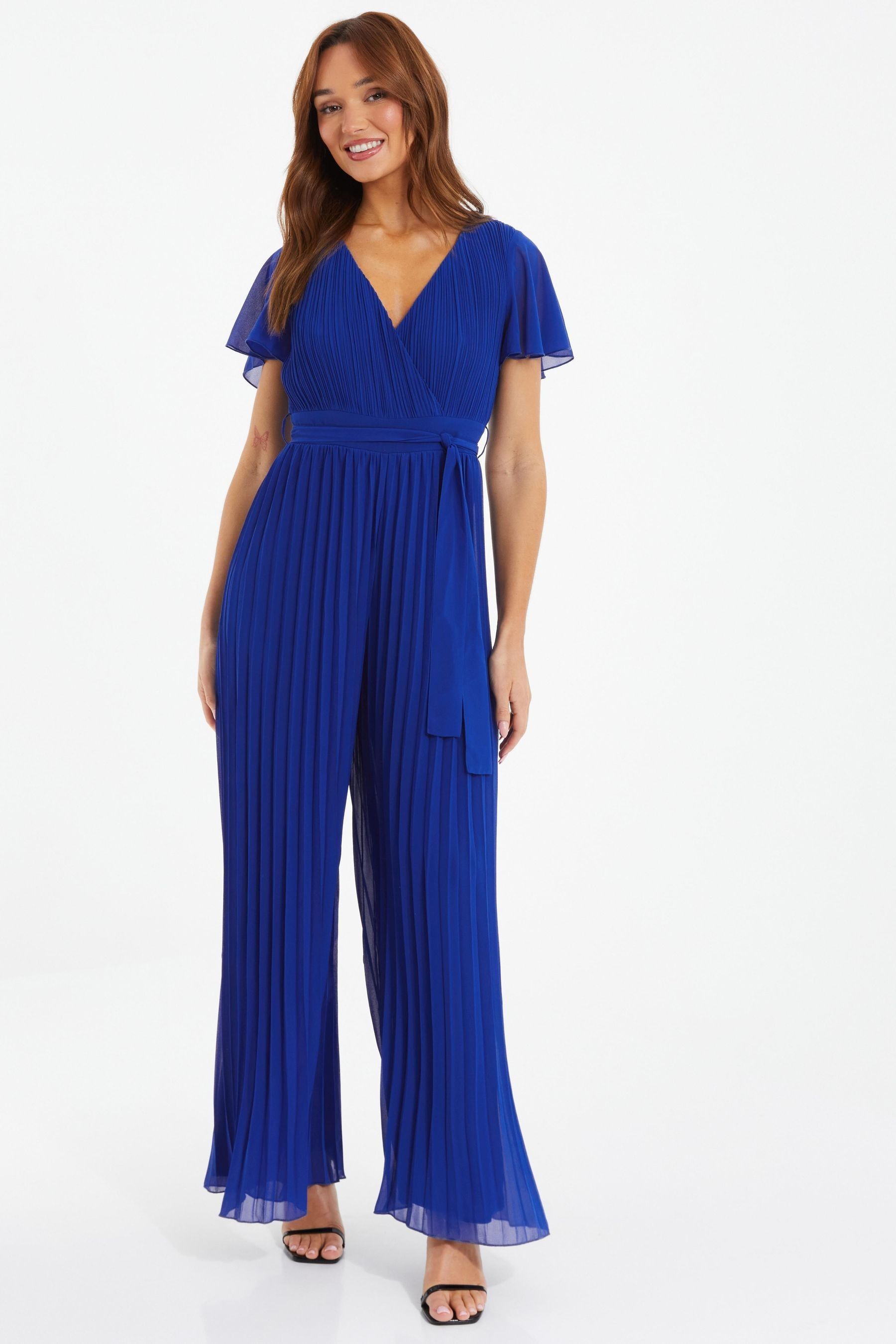 Buy Quiz Blue Pleated Chiffon Jumpsuit with Belt Detail from Next Luxembourg