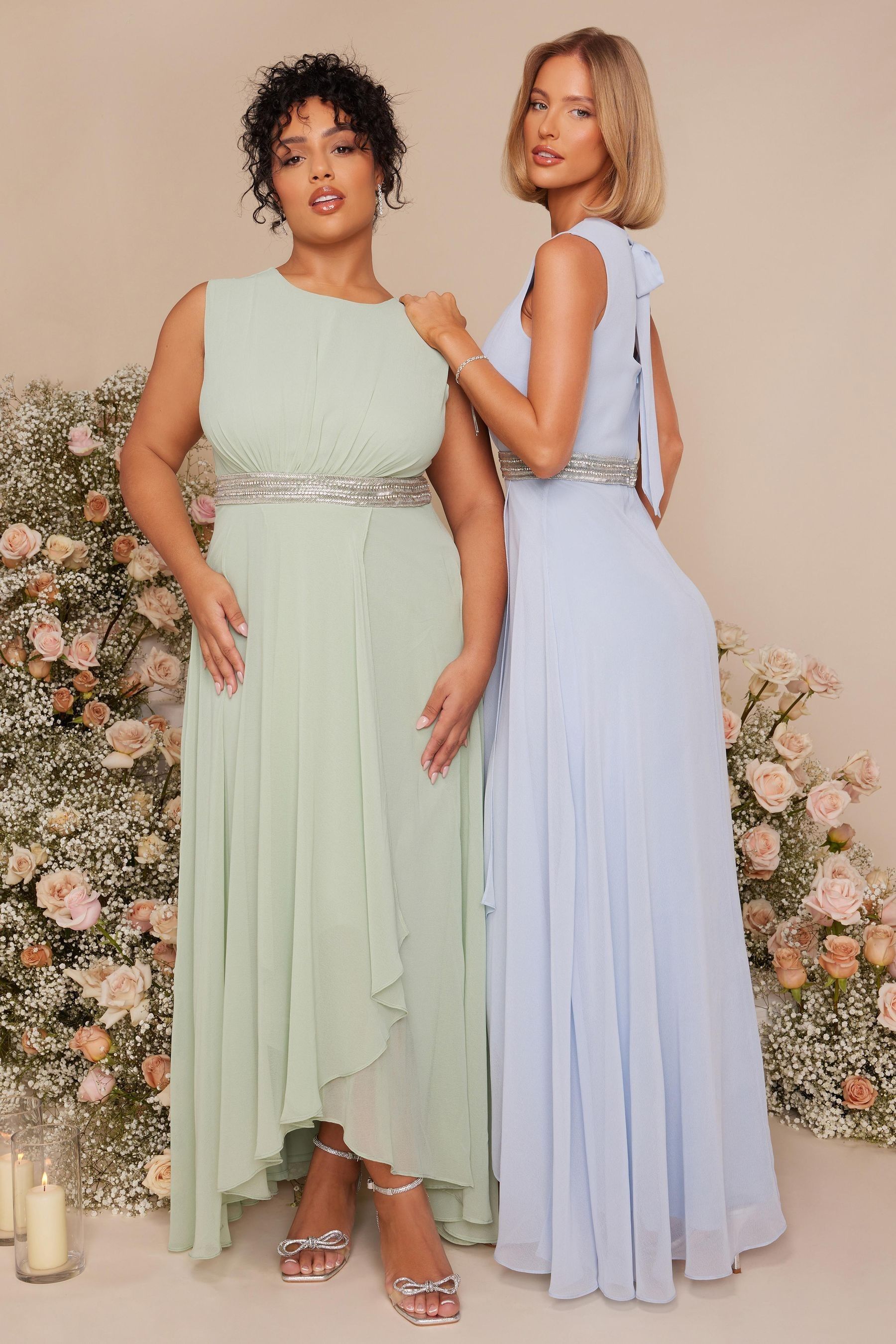 Buy Quiz Sage Green Chiffon Maxi Bridesmaid Dress with Sequin Belt from Next Slovenia