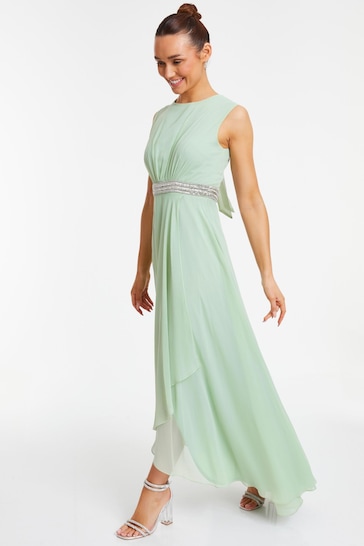 Quiz Sage Green Chiffon Maxi Bridesmaid Dress with Sequin Belt