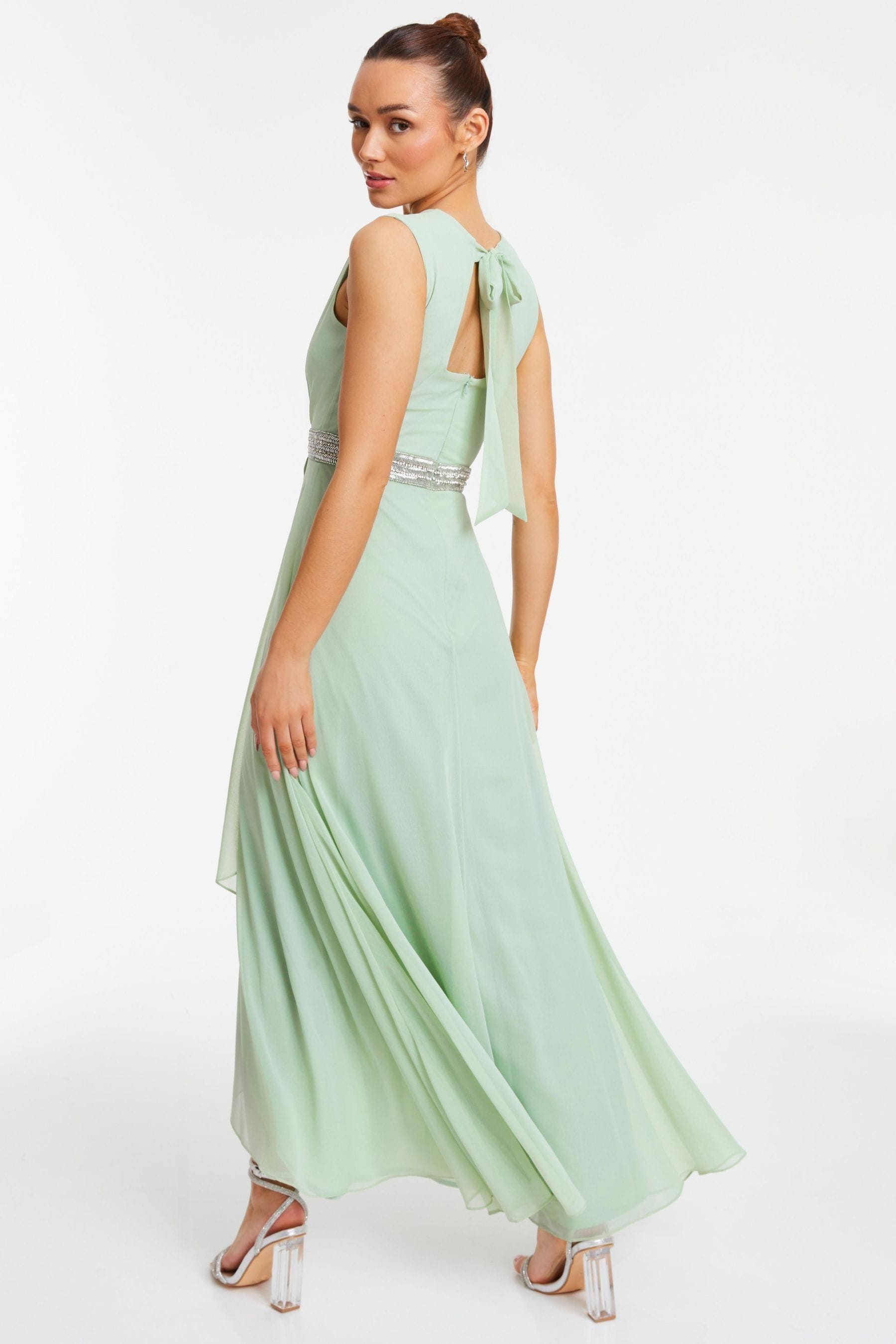 Buy Quiz Sage Green Chiffon Maxi Bridesmaid Dress with Sequin Belt from Next Belgium