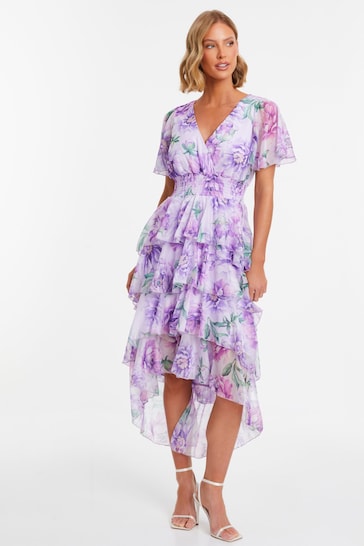 Quiz Purple Chiffon Floral Dip Hem Tiered Midaxi Dress