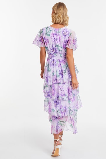 Quiz Purple Chiffon Floral Dip Hem Tiered Midaxi Dress