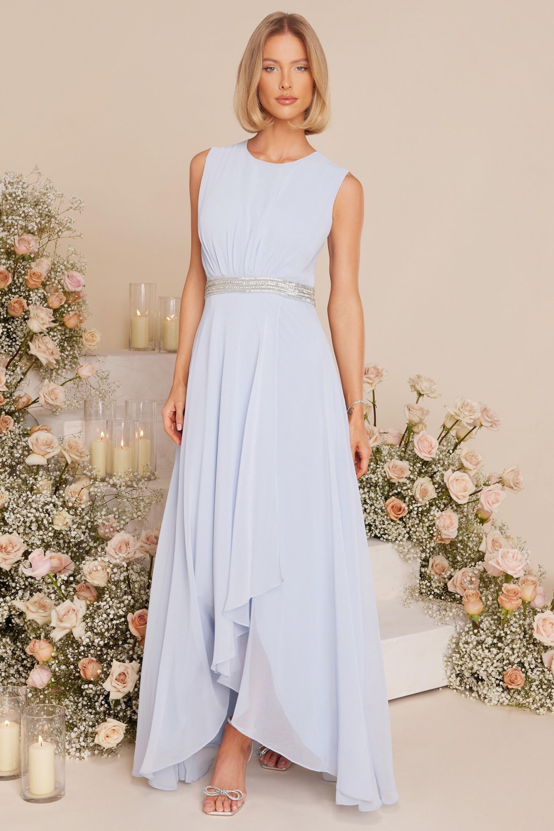 Quiz Light Blue Chiffon Maxi Bridesmaid Dress with Sequin Belt - Image 1 of 8
