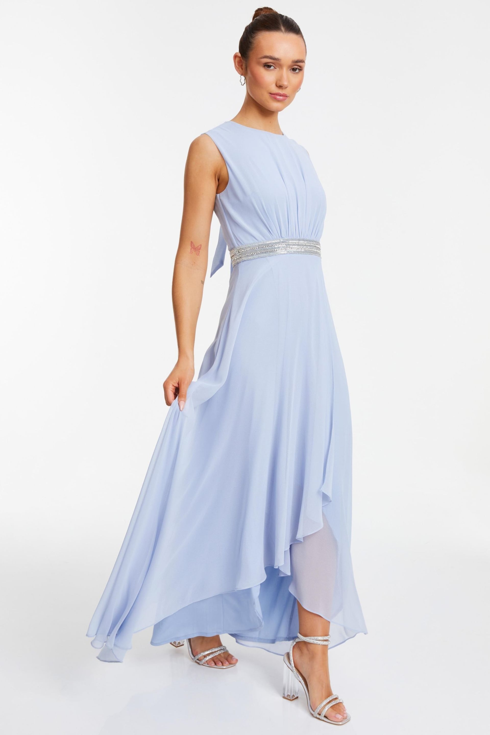 Quiz Light Blue Chiffon Maxi Bridesmaid Dress with Sequin Belt - Image 4 of 8