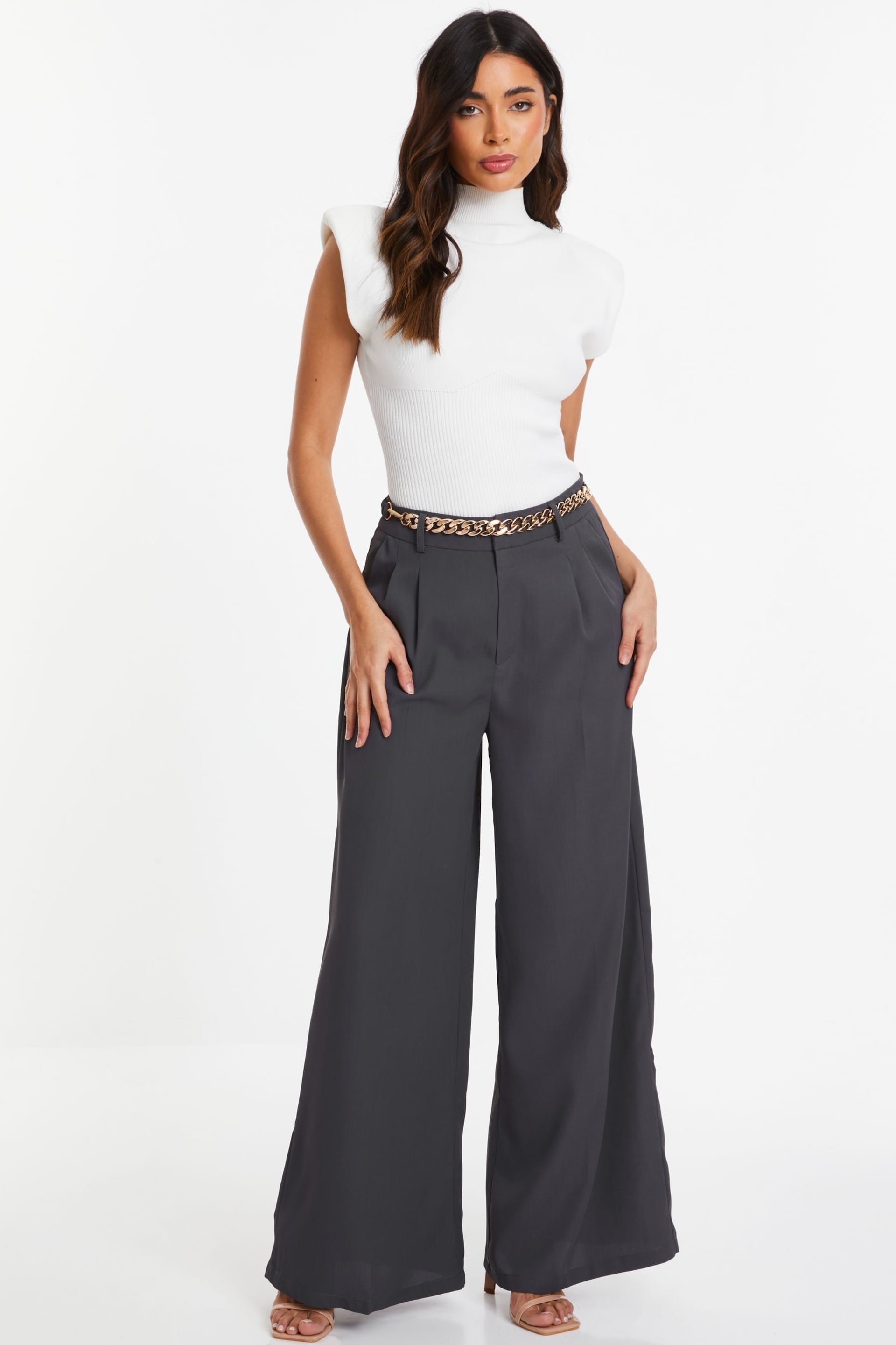Quiz Grey Woven Wide Leg Trousers with Brown Chain Belt - Image 1 of 4
