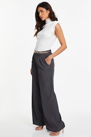 Quiz Grey Woven Wide Leg Trousers with Brown Chain Belt - Image 3 of 4