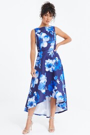 Quiz Blue Floral High Neck Dip Hem Dress - Image 1 of 5