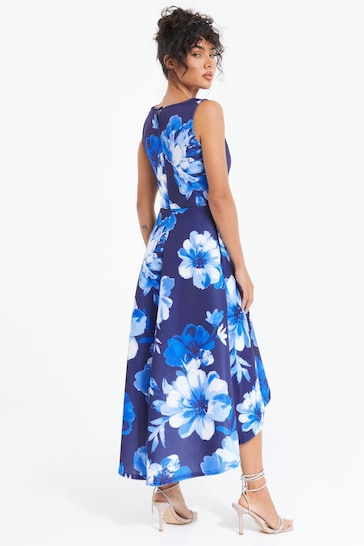 Quiz Blue Floral High Neck Dip Hem Dress