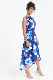 Quiz Blue Floral High Neck Dip Hem Dress - Image 4 of 5