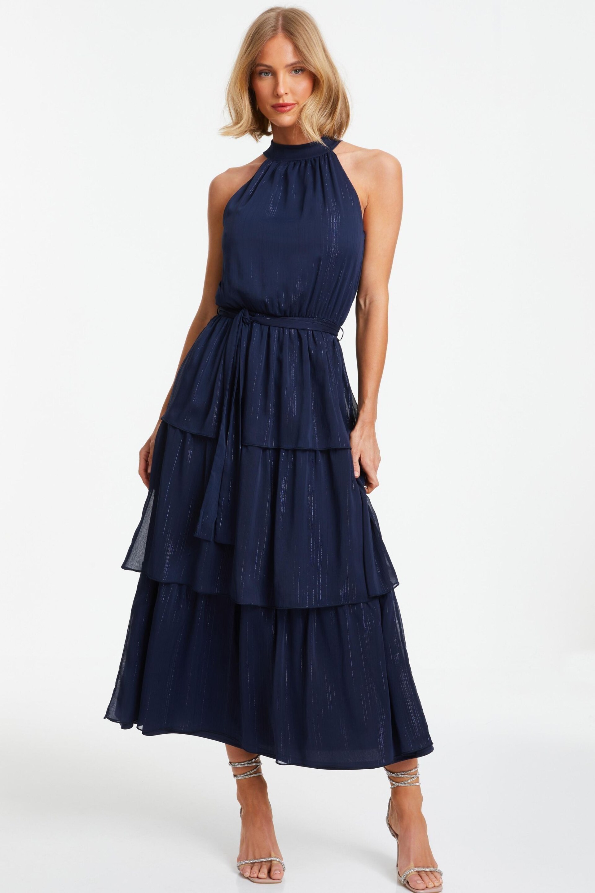 Quiz Blue Chiffon Tiered Halter Neck Midaxi Dress - Image 1 of 4