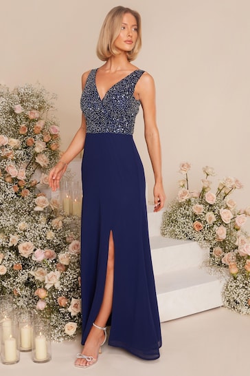 Quiz Blue Chiffon Maxi Dress with Sequin Bodice and Slit
