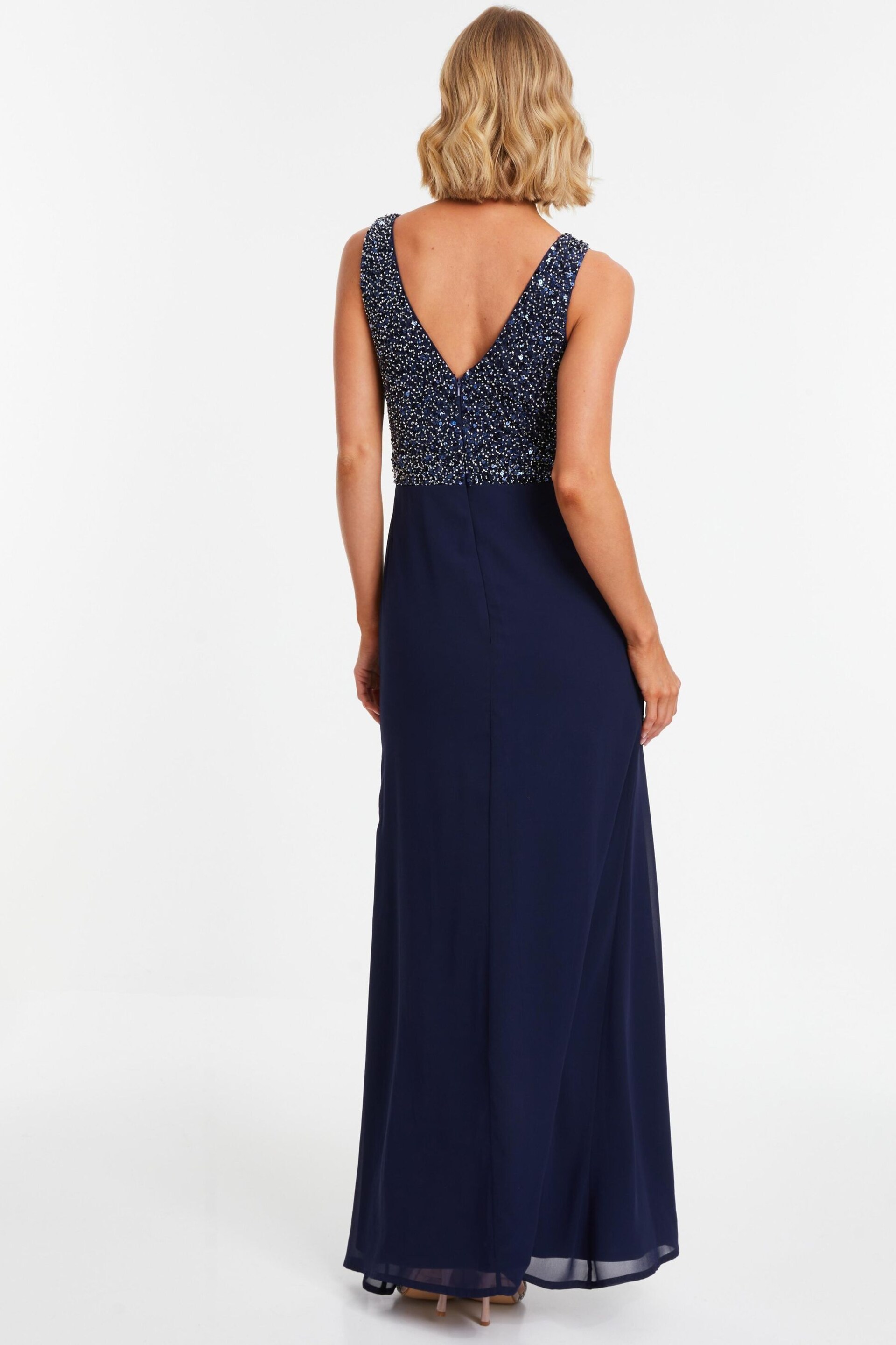Quiz Blue Chiffon Maxi Dress with Sequin Bodice and Slit - Image 4 of 7