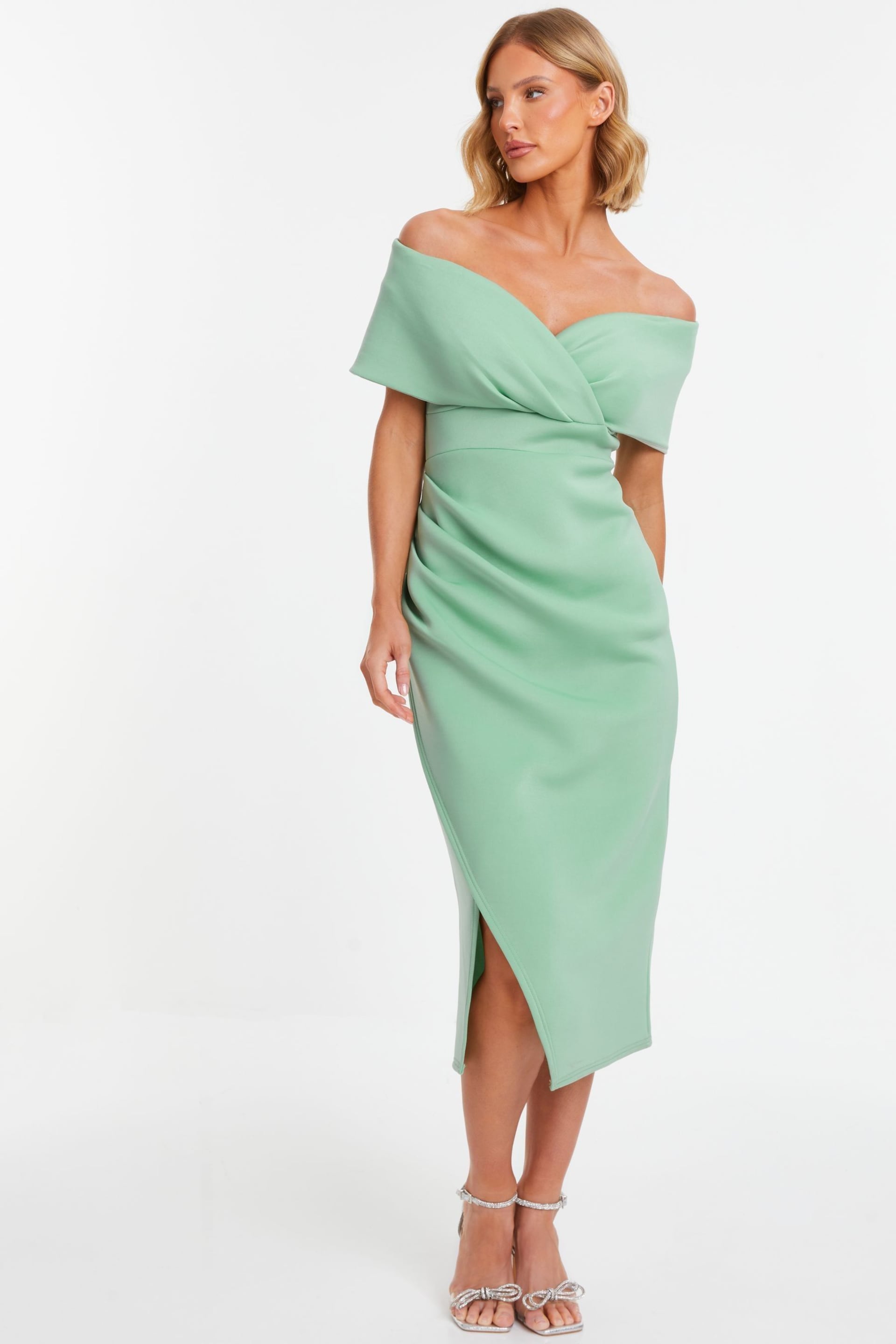 Quiz Green Scuba Bardot Midi Dress - Image 3 of 6