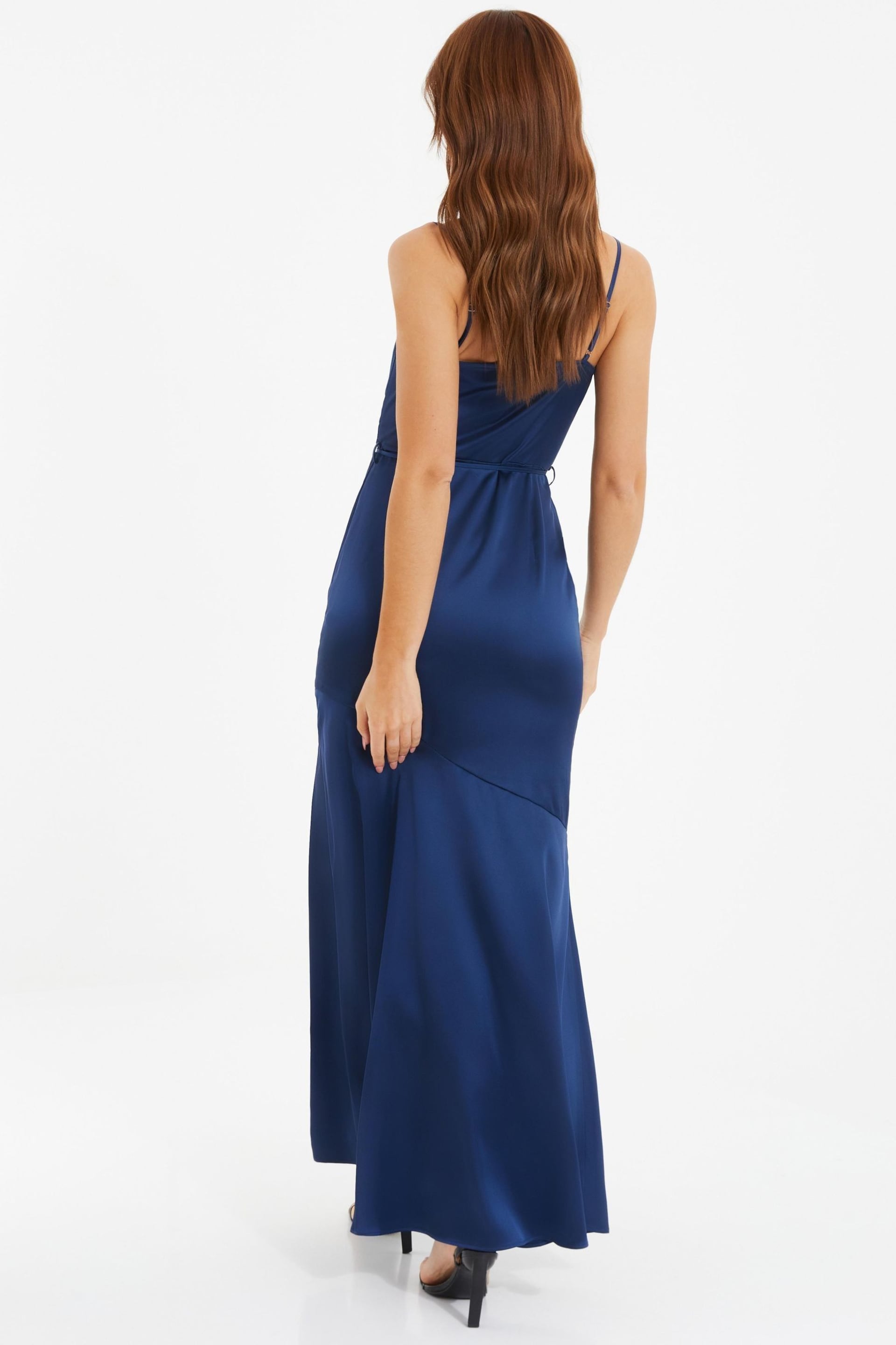 Quiz Blue Satin Bridesmaid Maxi Dress with Tie Waist and Slit - Image 4 of 6