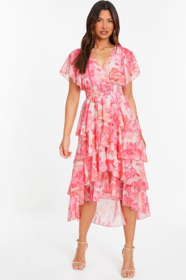 Quiz Pink Floral Print Chiffon Tiered Midi Dress With Angel Sleeve