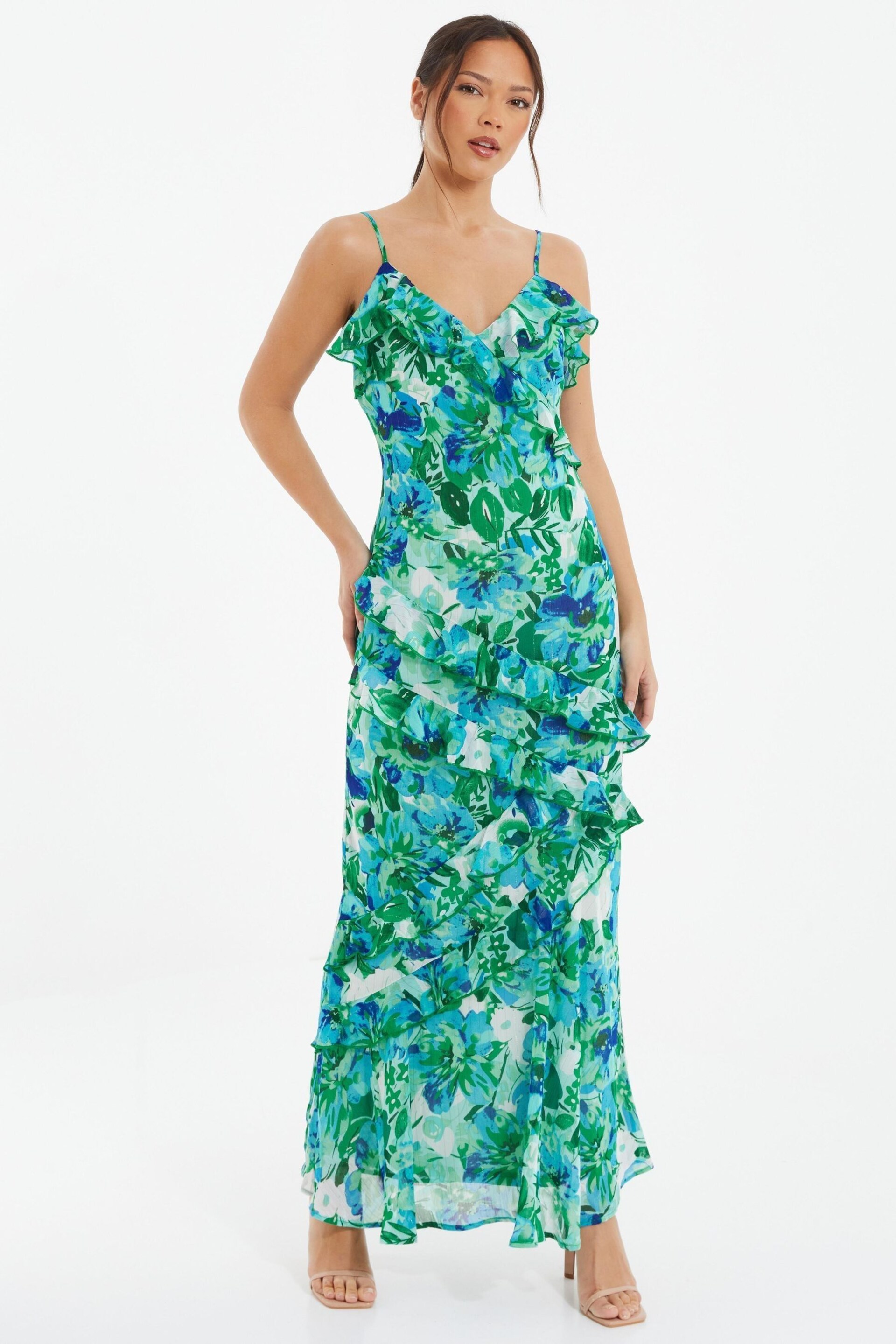 Quiz Blue Floral Chiffon Strappy Maxi Dress With Frill Detail - Image 1 of 4