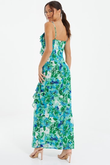 Quiz Blue Floral Chiffon Strappy Maxi Dress With Frill Detail