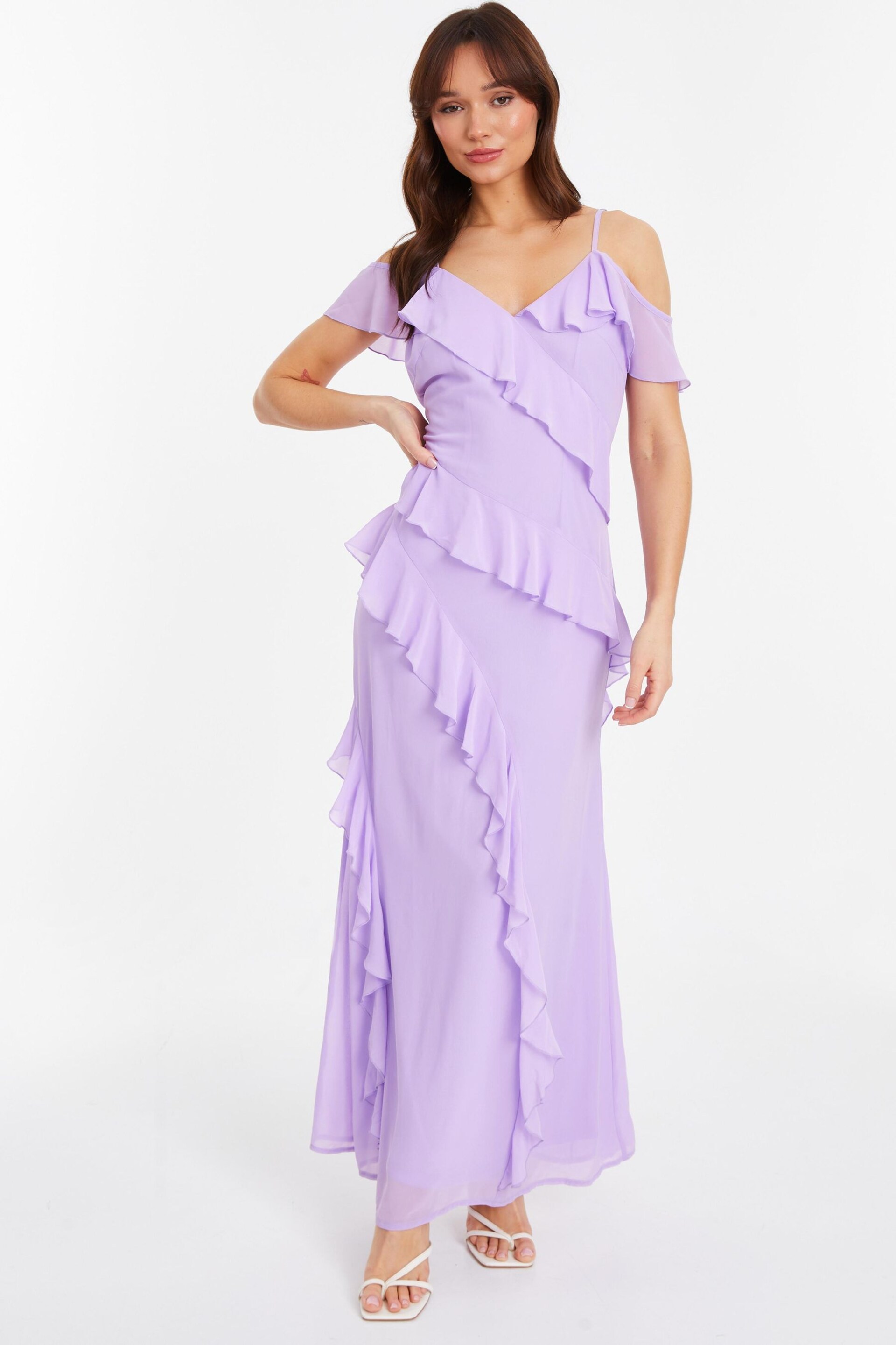 Quiz Purple Cold Shoulder Maxi Dress with Frills - Image 1 of 4