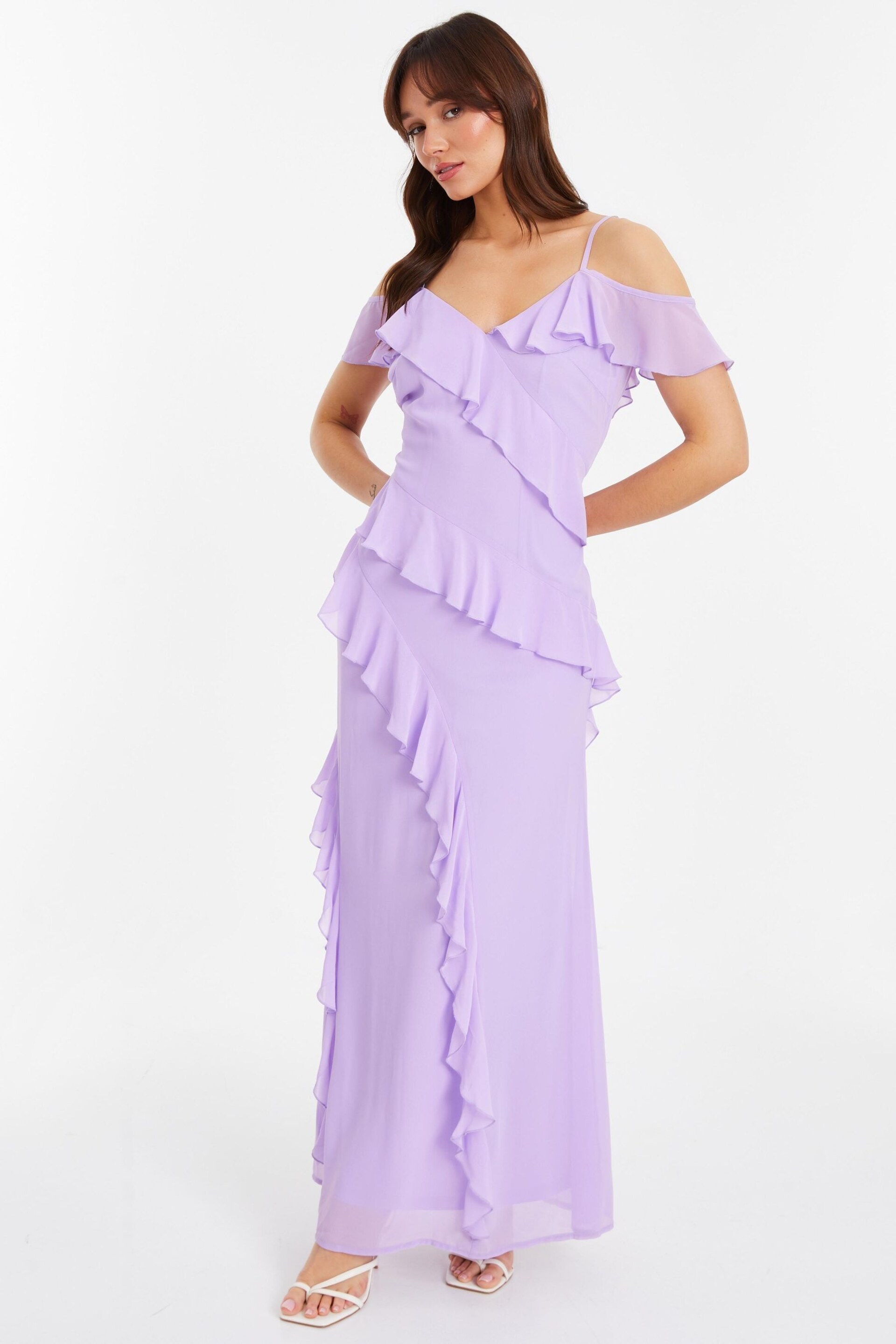 Quiz Purple Cold Shoulder Maxi Dress with Frills - Image 3 of 4