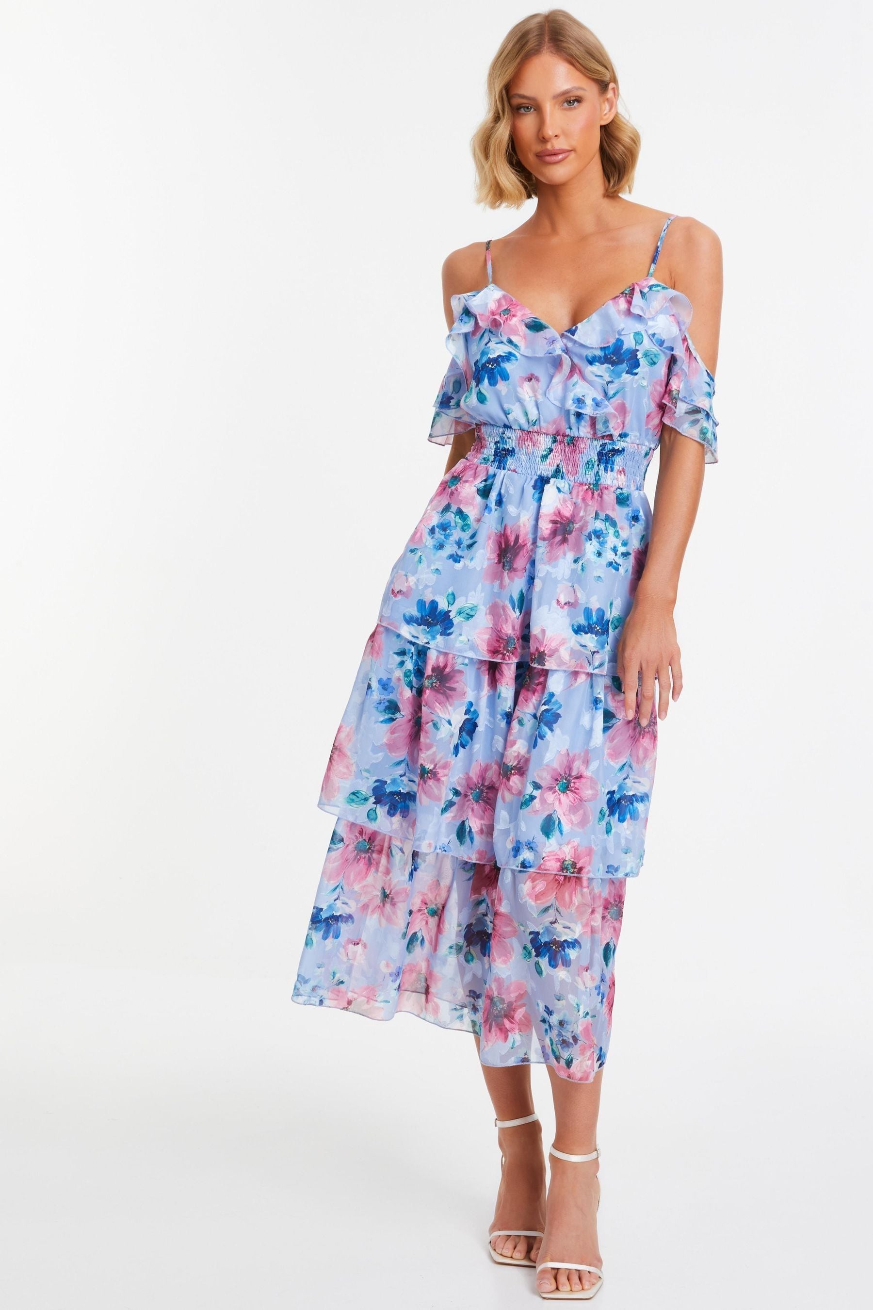 Buy Quiz Blue Floral Chiffon Cold Shoulder Tiered Midi Dress from Next Luxembourg