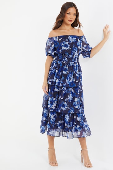 Quiz Blue Chiffon Floral Bardot Tiered Midi Dress