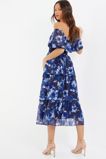 Quiz Blue Chiffon Floral Bardot Tiered Midi Dress