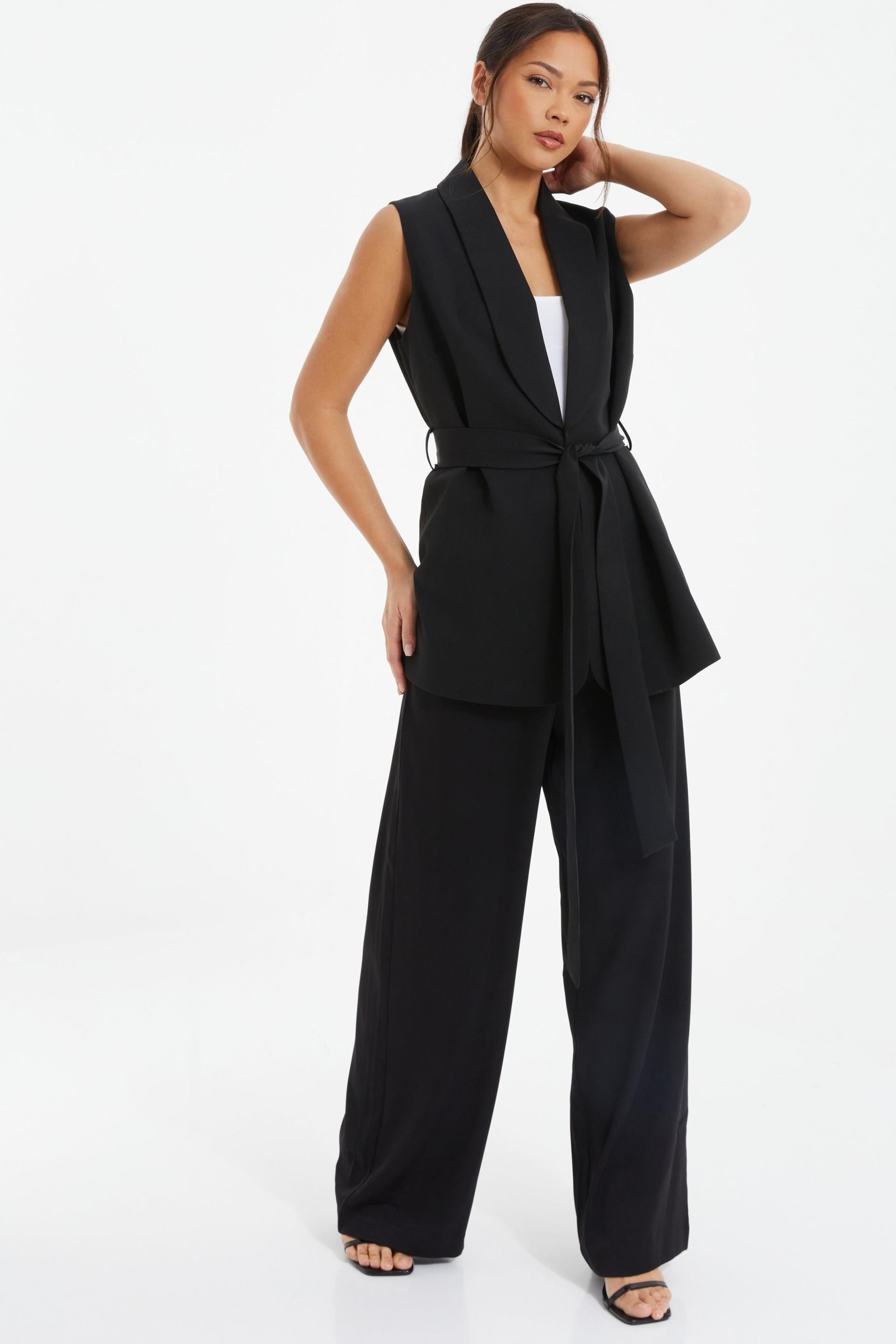 Quiz Black Woven Tailored Waistcoat With Tie Waist - Image 1 of 4