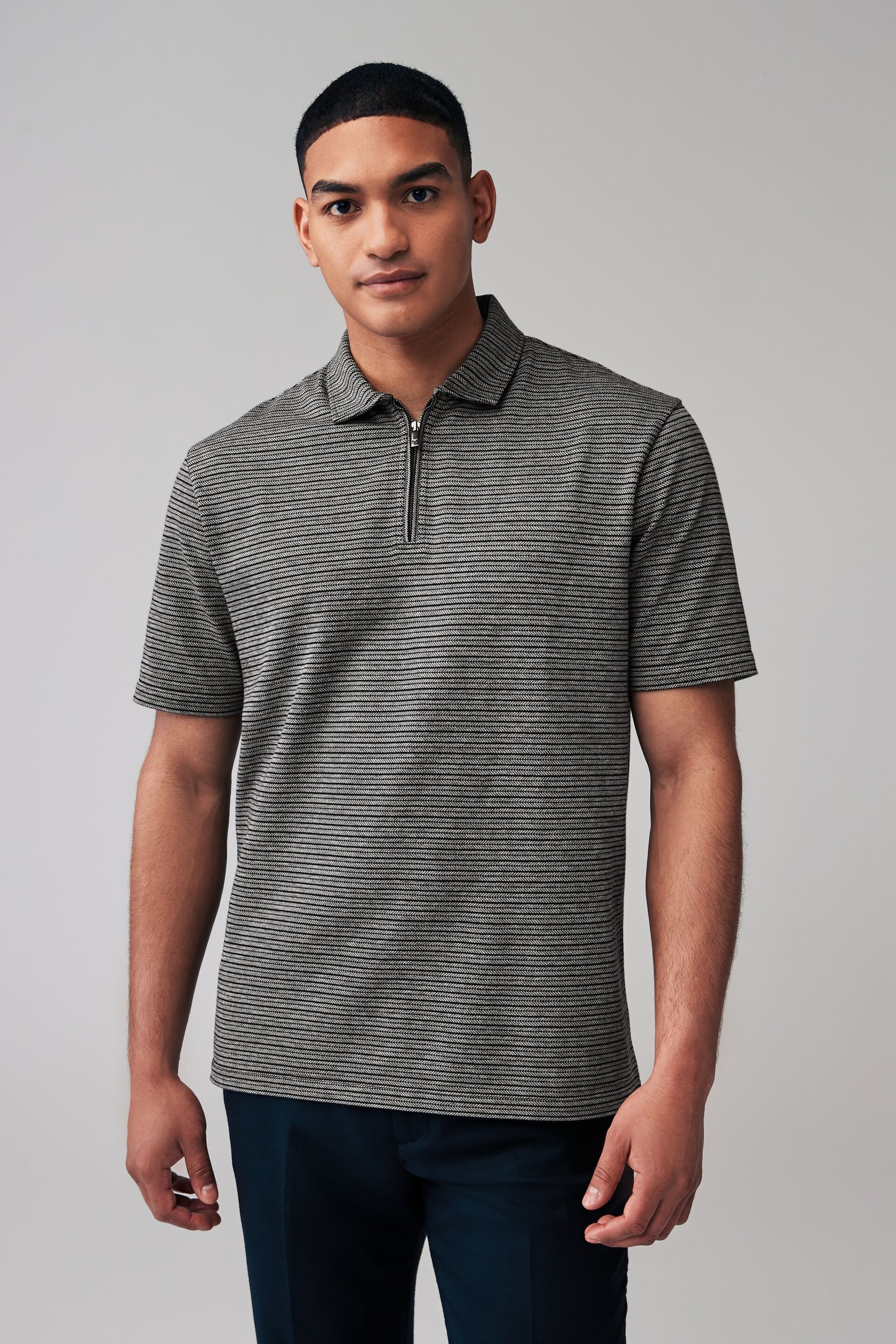 Grey/Black Zip Neck Smart Polo Shirt - Image 4 of 7