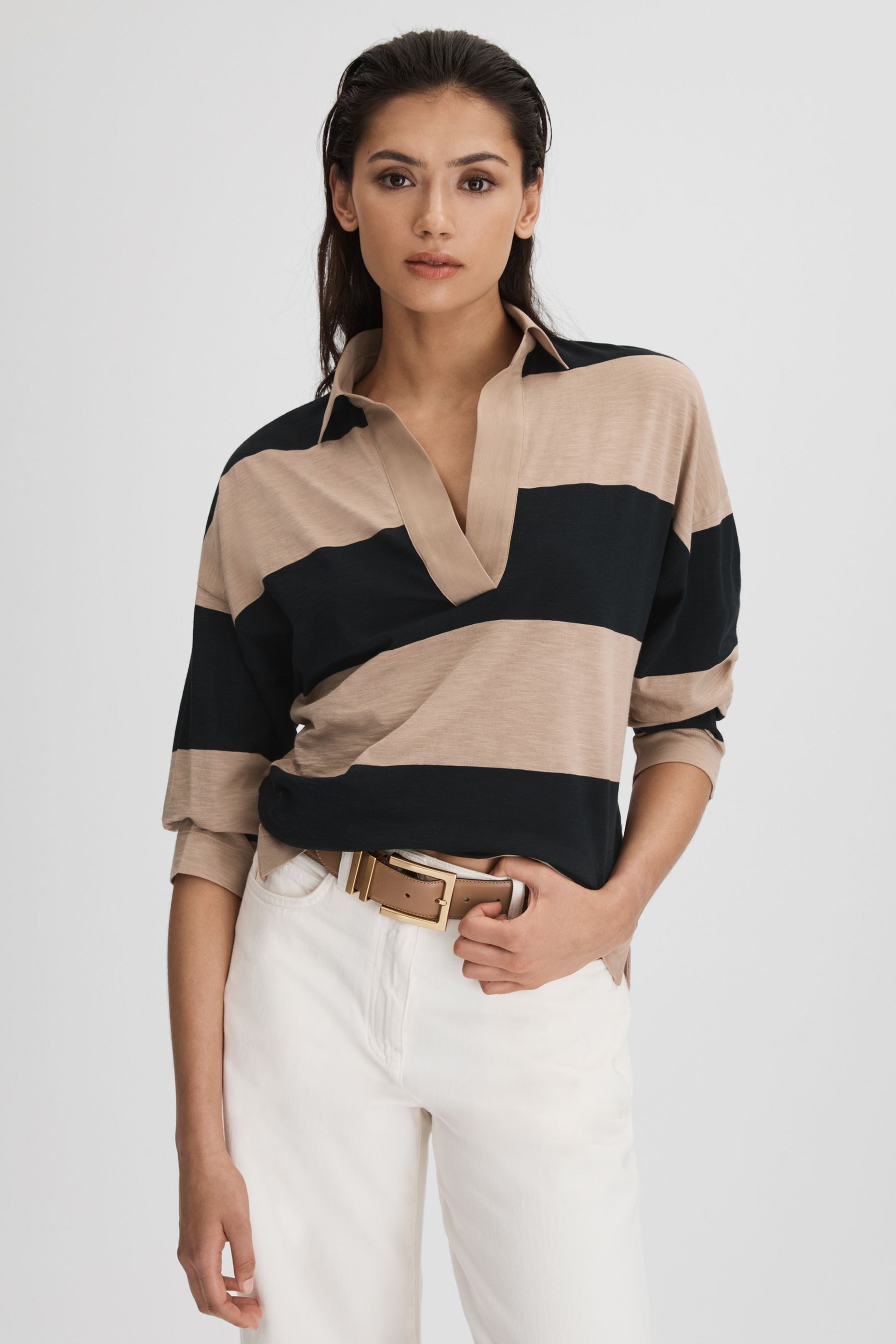Buy Reiss Black Camel Abigail Striped Cotton Open Collar T Shirt from the Next UK online shop