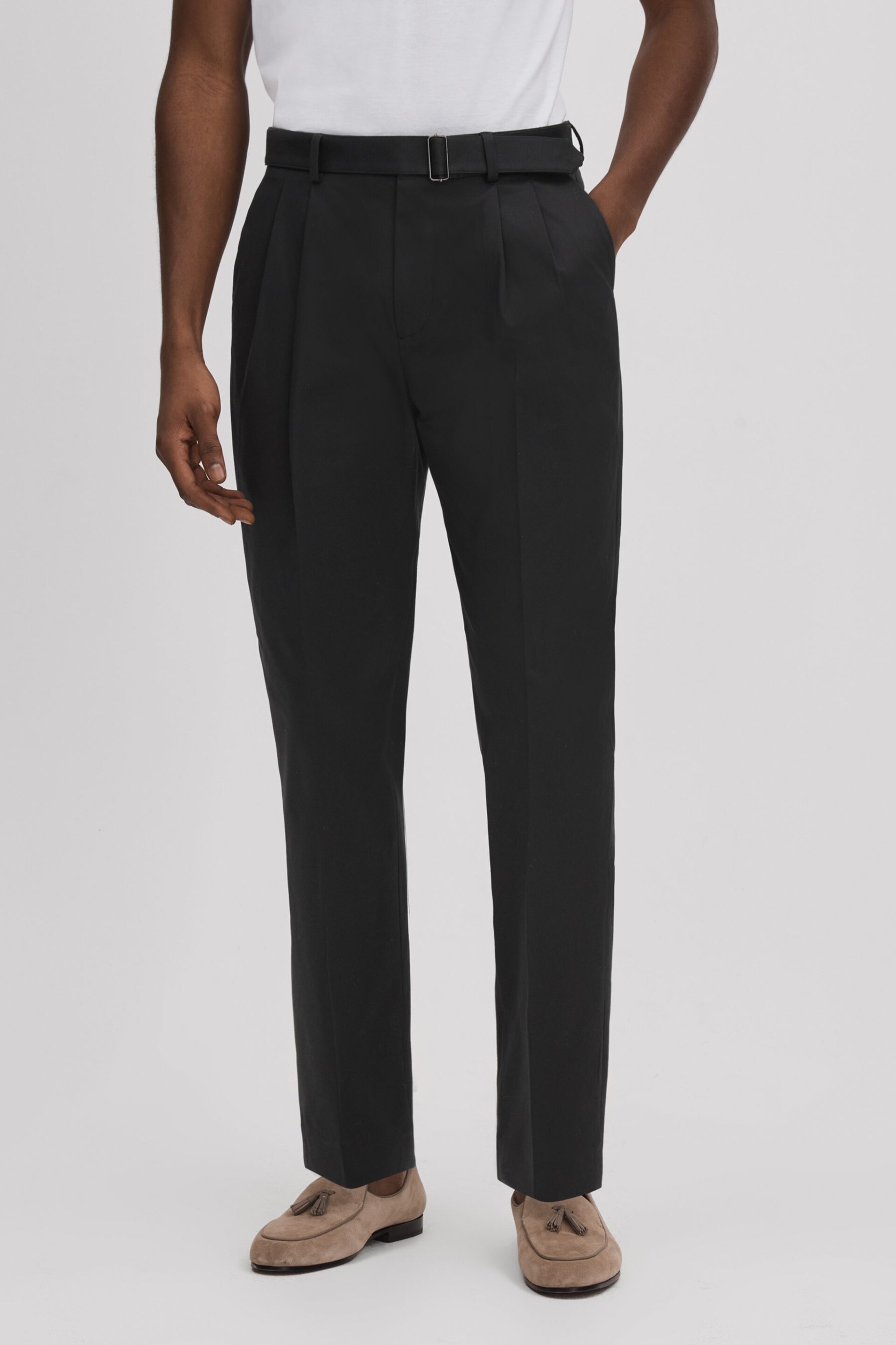 Reiss Black Liquid Relaxed Tapered Belted Trousers - Image 1 of 5