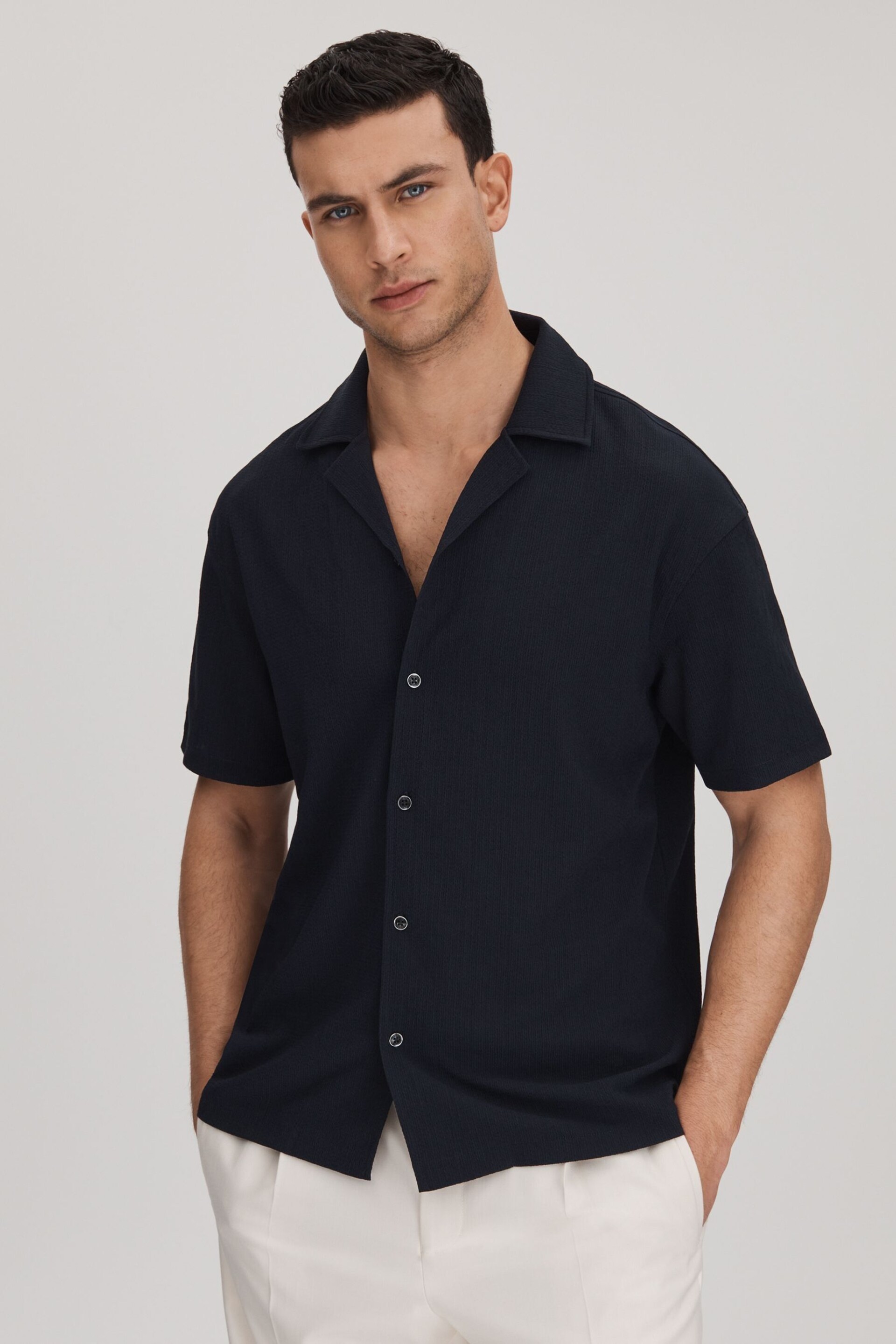 Reiss Navy Hunt Textured Cuban Collar Shirt - Image 1 of 6