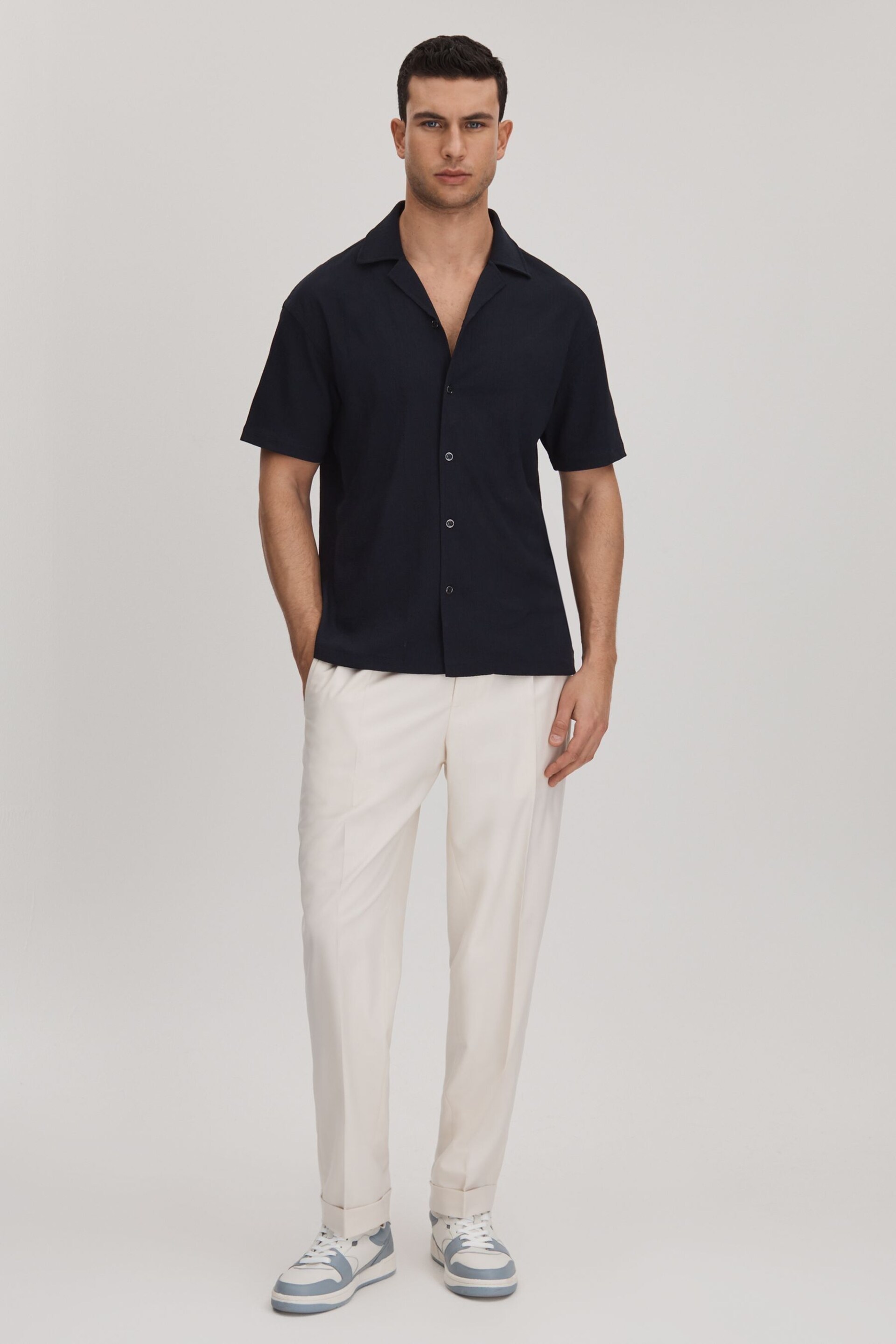 Reiss Navy Hunt Textured Cuban Collar Shirt - Image 3 of 6