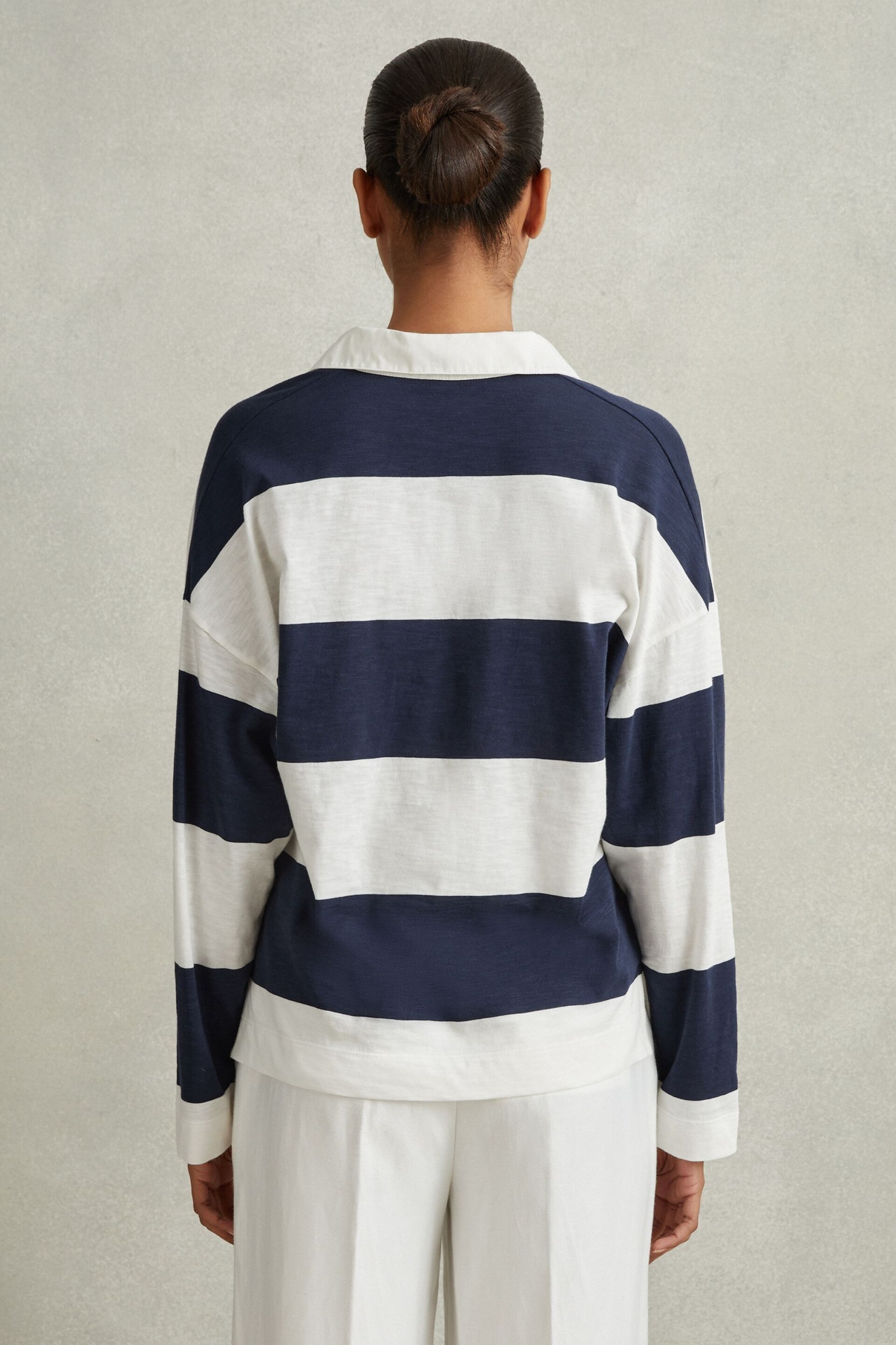Reiss Navy/Ivory Abigail Striped Cotton Open-Collar T-Shirt - Image 5 of 6