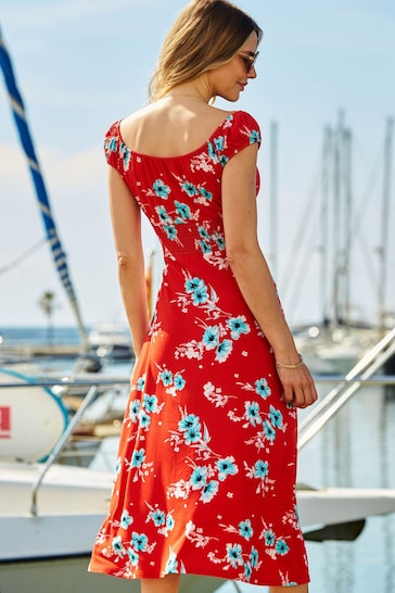 Sosandar Red Floral Print Shirred Waist Midi Dress