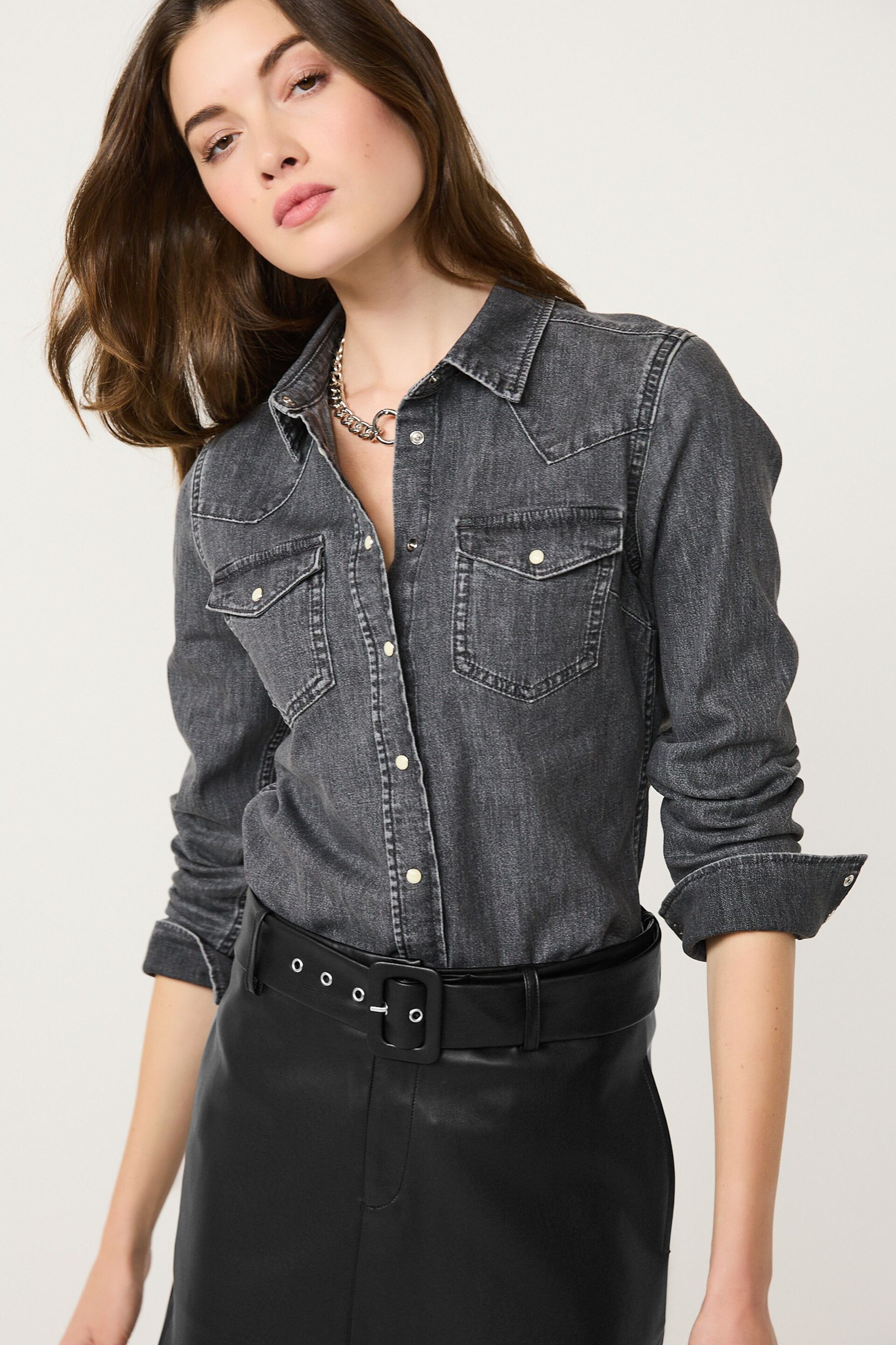 Washed Black Fitted Western Denim Shirt - Image 1 of 6