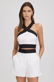 Reiss White/Navy Rebecca Linen Halterneck Cropped Top - Image 1 of 6