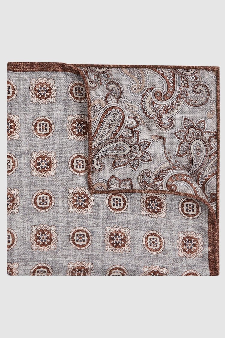 Reiss Grey Melange Tindari Silk Reversible Pocket Square - Image 1 of 5