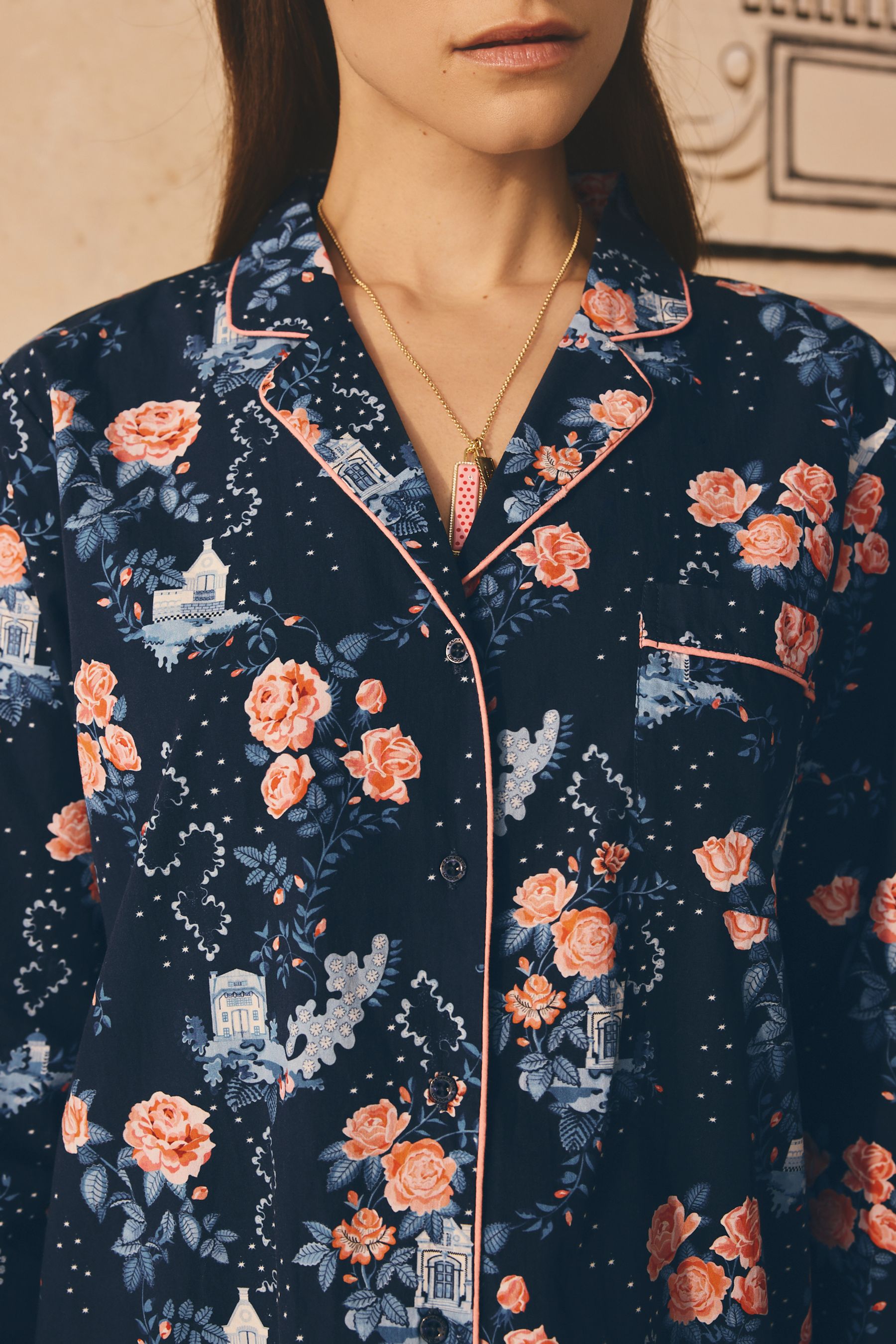 Cath Kidston Navy 100 Cotton Poplin Button Through Pyjamas