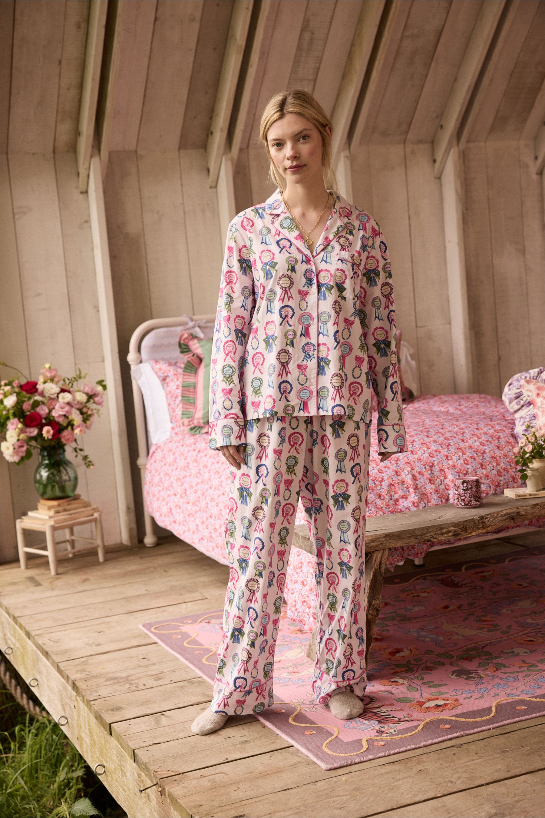 Cath Kidston Lilac Purple Rosette Print 100 Cotton Poplin Button Through Pyjamas 8 R Womens
