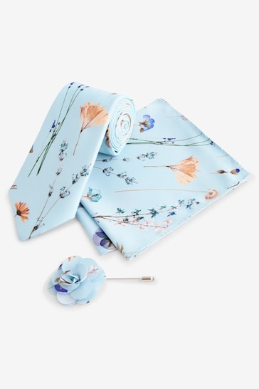 Light Blue Pressed Flower Tie, Pocket Square And Pin Set