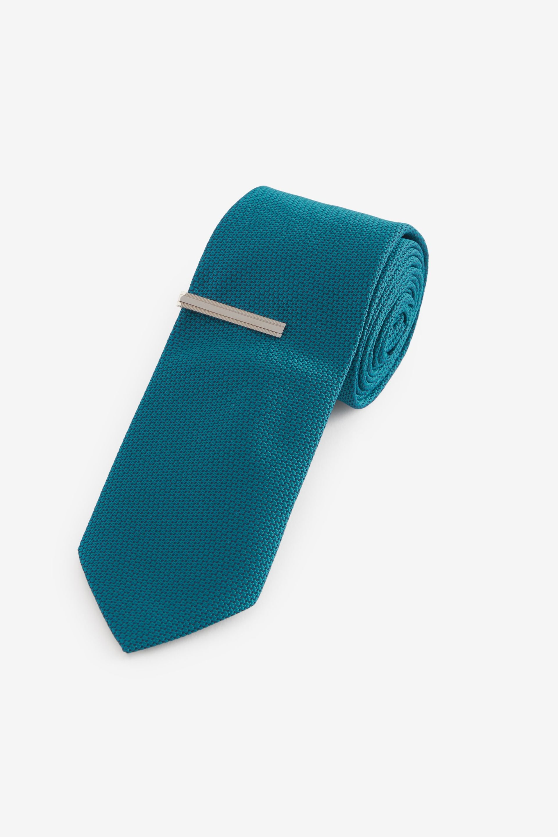 Teal Blue Slim Textured Tie And Clip Set - Image 1 of 3