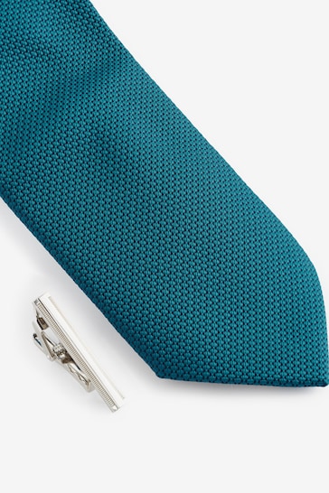 Teal Blue Slim Textured Tie And Clip Set