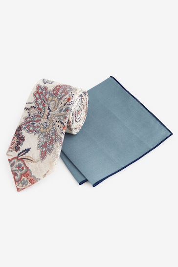 Neutral Brown Sarasa/Blue Linen Tie And Pocket Square Set