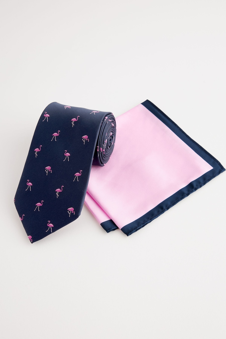 Navy Blue Flamingo/Pink Tie And Pocket Square Set - Image 1 of 5