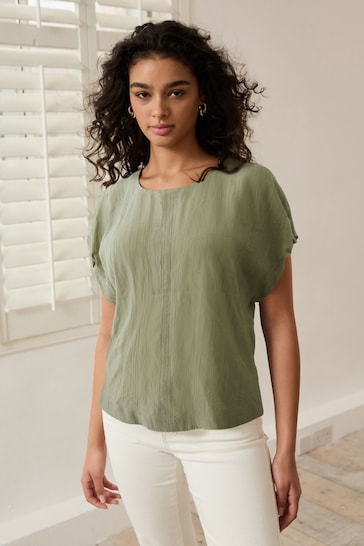 Sage Green Gathered Short Sleeve Textured Boxy T-Shirt