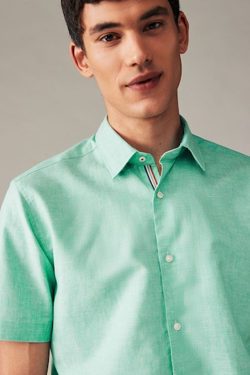 Mint Green Regular Fit Trimmed Linen Blend Short Sleeve Shirt